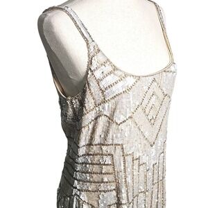 Adrianna Papell Sequin Beaded Flapper Dress Champagne Gold Art Deco Style New WT